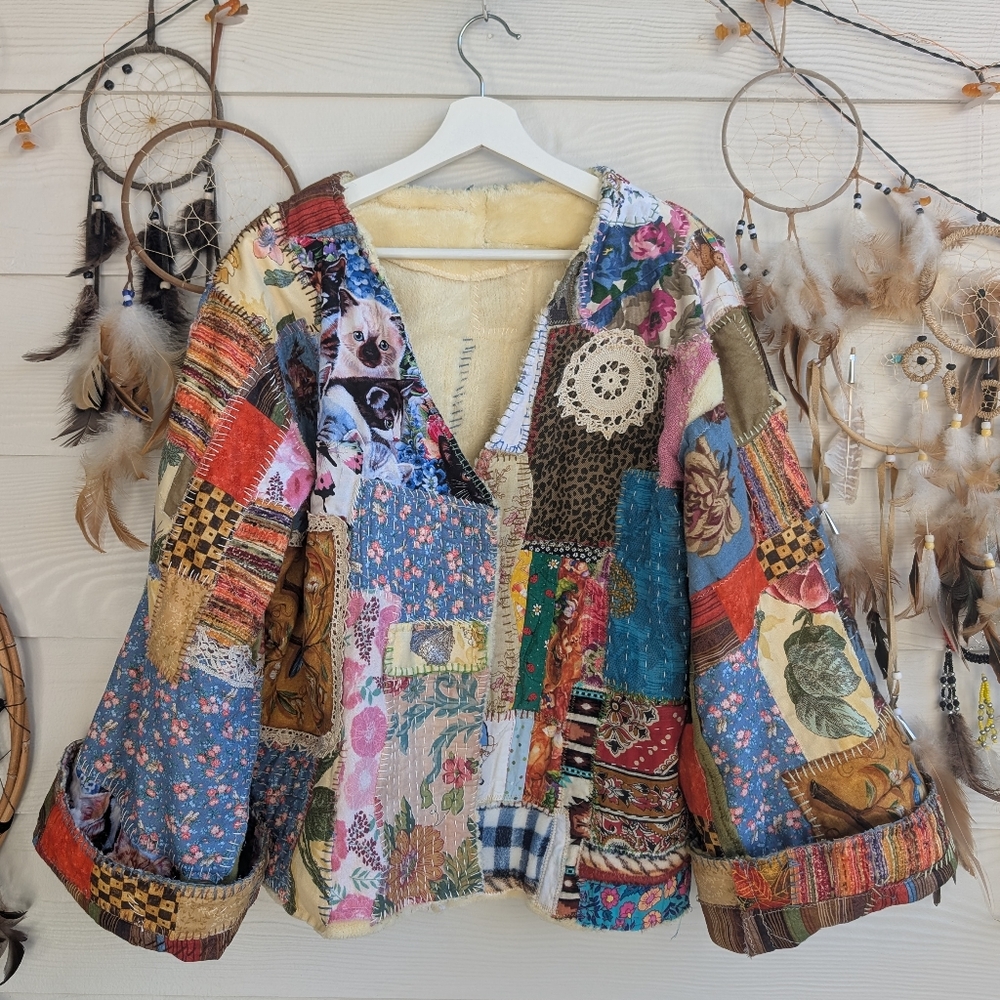Handmade Boho Hippie Handstitched Patchwork Jacket Upcycled Appliqué Oversized - Picture 3 of 14
